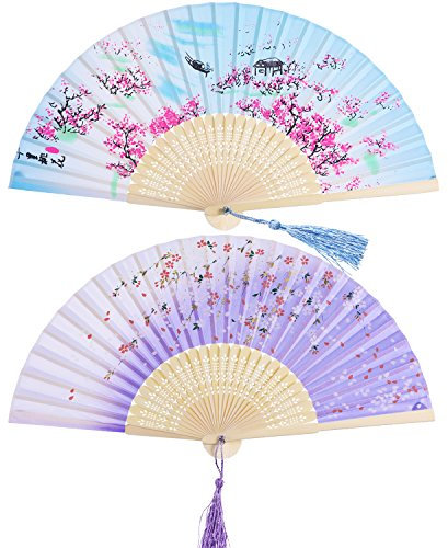 2 Pieces Folding Fans Handheld Fans Bamboo Fans with Tassel Women's Hollowed Bamboo Hand Holding Fans for Wall Decoration, Gifts (Blue Peach Blossom and Purple Cherry Pattern)