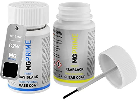 MG PRIME Autolack Lackstift für BMW C2W Fluid Black + Klarlack | Set aus Basislack + Klarlack, Lackfläschchen mit Pinsel, je 50ml