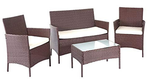Mendler Poly-Rattan Garten-Garnitur HWC-D82, Sitzgruppe Lounge-Set - braun-meliert mit Kissen Creme