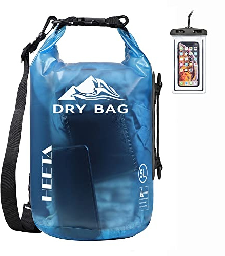 HEETA Dry Bag Waterproof for Women Men, Roll Top Lightweight Dry Storage Bag Backpack with Phone Case for Travel Swimming Boating Kayaking Paddle Board Camping Beach Accessories (Transparent Blue, 5L)