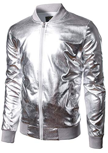 JOGAL Herren Metallic Nachtclub Reißverschluss Baseball Bomber Jacke XX-Large Silber