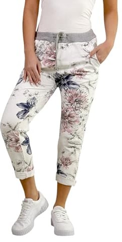 Mississhop 287 Damen Hose Cargohose Blumen Sweatpants Jogginghose Baumwolle Freizeithose Boyfriend Weiß mit Blumen 302
