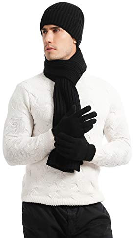 LAUSONS Mütze Schal und Handschuhe Herren mit Fleecefutter Wintermütze Warme Beanie Strickschal und Touchscreen Handschuhe Set Schwarz