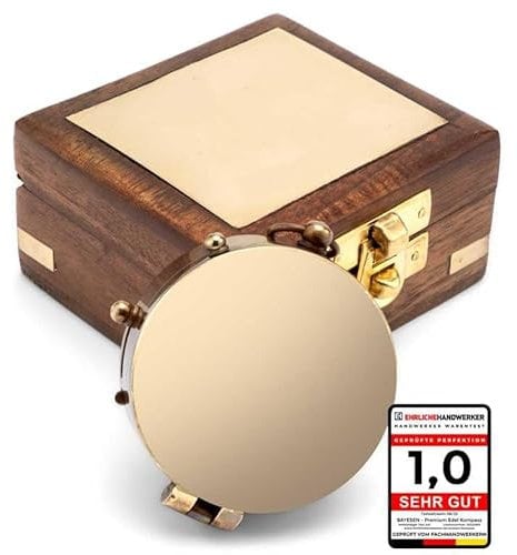 Premium Edel Kompass aus Messing Antik Taschenkompass mit Deckel inkl. Wunsch Text oder Foto Gravur in Einer Edler Holzkiste (Ohne Gravur)