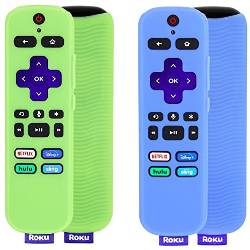 Pinowu - Cover per telecomando (si illumina al buio), compatibile con telecomando vocale Roku, custodia antiscivolo in silicone compatibile con lettori Roku e Roku TVS Voice Remote (verde e blu)