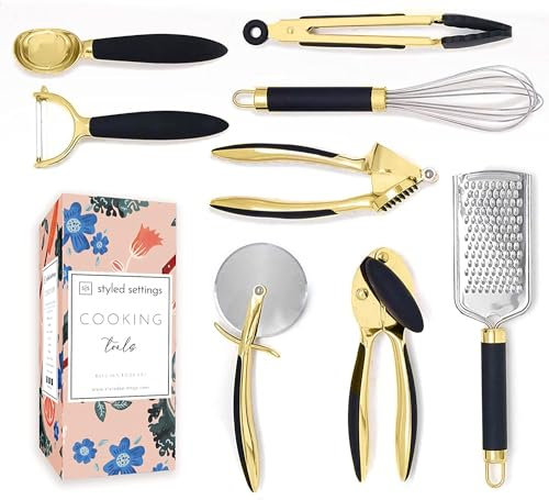 Juego de herramientas en negro y dorado, juego de 8 piezas de utensilios de cocina con asas antideslizantes, juego de utensilios dorados, accesorios de cocina en negro y dorado, incluye abrelatas