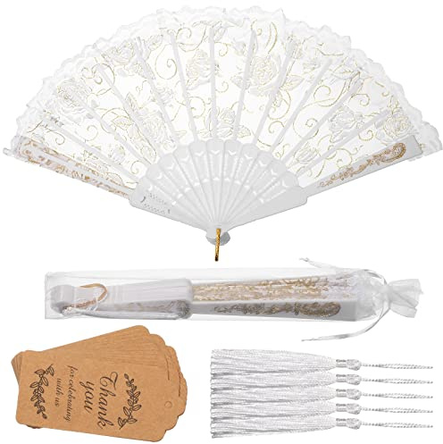 24 Sets Spitze Floral Faltfächer Rose Retro Faltfächer Faltfächer Weiß Handfächer Braut Handfächer Spitze Dekorative Faltfächer Anhänger mit Löchern und Taschen für Frauen Hochzeit Geburtstag Party