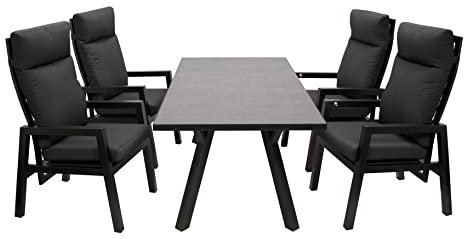 DEGAMO Gartengarnitur MANCIANO 5-teilig, 4X Hochlehner Sessel mit Verstellbarer Rückenlehne und 1x Gartentisch 90x180cm mit Glasplatte in Keramikoptik dunkelgrau