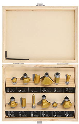 TOUGH MASTER Router Bit Set, Woodworking Shank Tungsten Carbide Tipped ¼ Inch Router Cutters, 12 Piece with Hex Key, Wooden Case in Gold & Silver DIY Tool, (TM-RB12W)