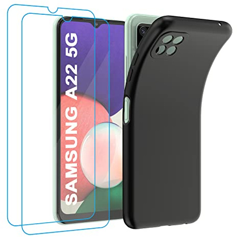 Garegce Coque pour Samsung Galaxy A22 5G + 2 Verre Trempé Protection écran, Ultra Fin Silicone Housse Galaxy A22, TPU Souple Antichoc Anti-Rayures Galaxy A22 5G Etui - 6,6 Pouces - Noir Mat