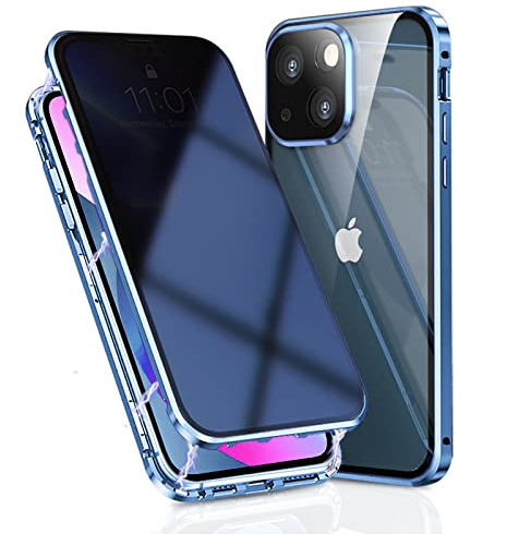 OMGZONE Privacy Case for iPhone 14 Magnetic Cover,Screen Protector built-in Anti-peep Tempered Glass Full Cover with Camera Protector,360 Degree Metal Bumper Case for iPhone 14,Blue