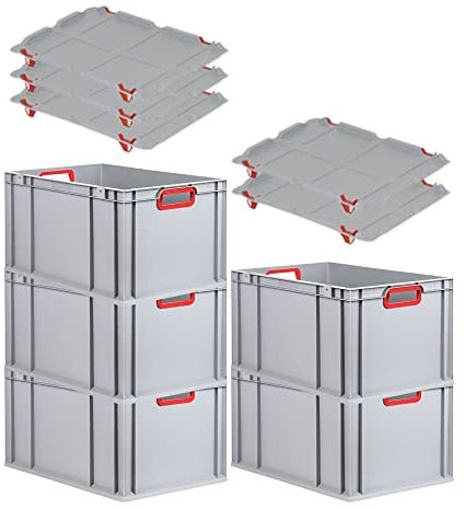 PROREGAL SuperSparSet 5x Eurobox NextGen Color mit Auflagedeckel & Schiebeschnappverschlüsse, HxBxT 32x40x60cm, 65L, Griffe rot offen, Verstärkter Boden, Eurobehälter Transportbox Transportbehälter