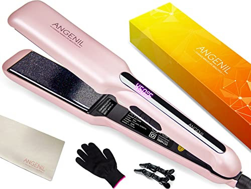 ANGENIL Arganöl Haarglätter in Einem, Tragbarer Professioneller Keramik Haarglätter mit Doppelter Spannung, 1,6 Zoll breiter Haarglätter für Dickes Haar, Schnelles Glättendes Styling, LCD Display