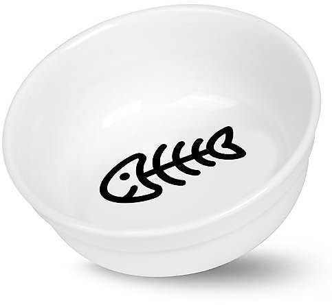 COMESOON 13 oz Ceramic Cat Bowls with Fish Bone Pattern, Cat Food Bowl for Food and Water, Healthy Cat Dishes for Indoor Cats and Small Dog, Dishwasher Safe & Microwaveable - White