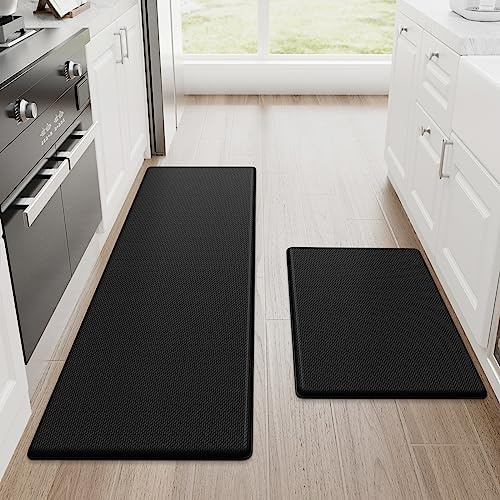 StepRite Kitchen Mats, 2PCS Kitchen Rugs, Cushioned Anti Fatigue Kitchen Mats for Floor, Non-Slip Standing Desk Mat, Waterproof Kitchen Rug Set for Kitchen, Floor, Office, 17.3x30+17.3x47, Black