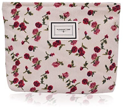 Trousse de Toilette pour Femme Trousse de Maquillage de Voyage Broderie Fleur Multifonction Organisateur Pochette Sac Petite Toile Sac à Main Beige