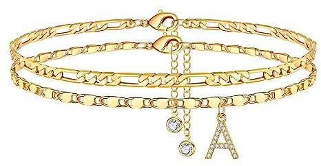 Fußkettchen für Damen, Gold Fussketten für Frauen Fußkettchen mit CZ Buchstaben A Figarokette Doppelte Fußketten Geschenk für Sommer Stand Schmuck Frau Mädchen Tochter Freundin Geschenk Verstellbar
