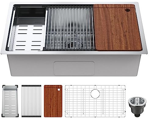 VEVOR Lavello da Cucina, Lavello da Incasso in Acciaio Inossidabile 304, Lavabo Sottopiano a Vasca Singola con Ripiano e Accessori, Lavello per Lavastoviglie Domestico per Workstation 32 Pollici