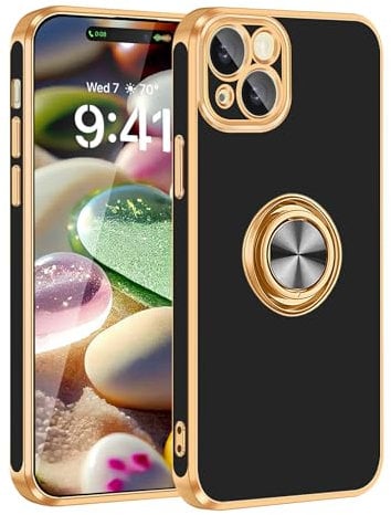Fingic for iPhone 15 Case[with 360° Ring Holder Stand] [Support Magnetic Car Mount ] Kickstand Phone Case for Women Girls Boys Slim Thin Shockproof Phone Cover Case for iPhone 15,6.1 inch,2023，Black