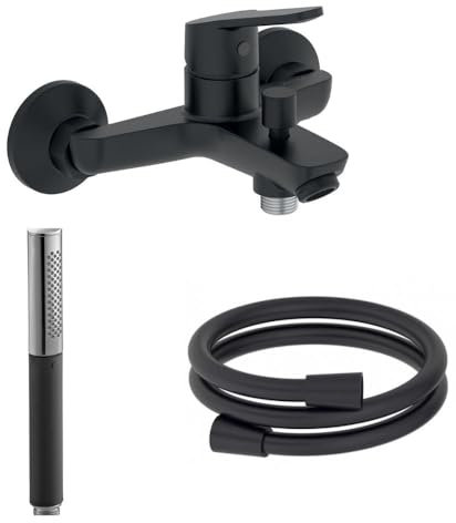 Jacob Delafon Douchette Stick Shift Ellipse Noir et Chrome avec mitigeur Bain Douche et Flexible Lisse Anti-Torsion Noir