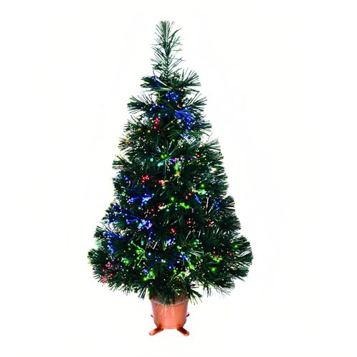YUETJIN Árbol de mesa de Navidad de fibra óptica pequeño preiluminado de 32 pulgadas con maceta dorada y adaptador