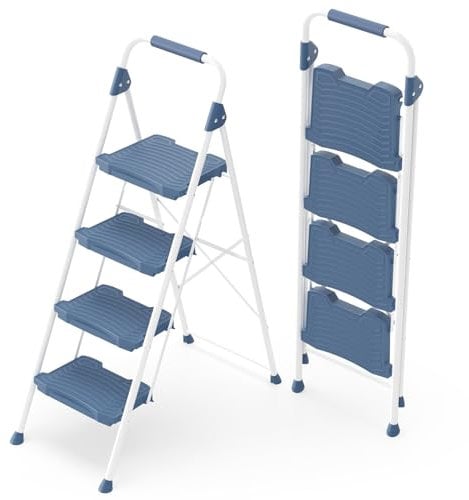 KINGRACK 4 Step Ladder, Sturdy Step Stool with Handrail, Anti-Slip Wide Pedals, Foldable Step Stool for Home, Garage, Garden, Safety Locking, Pass 900LBS Testing, Blue