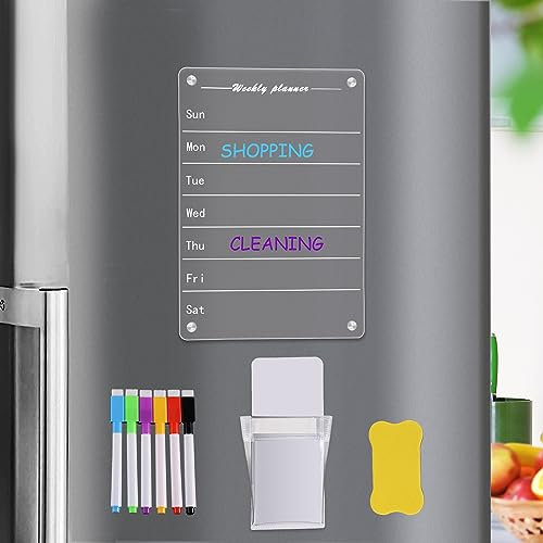 Clear Acrylic Magnetic Dry Erase Board for Fridge, Weekly Planner Board Refrigerator Whiteboard Calendar with 6 Colored Markers, 1 Eraser, 1 Pen Holder
