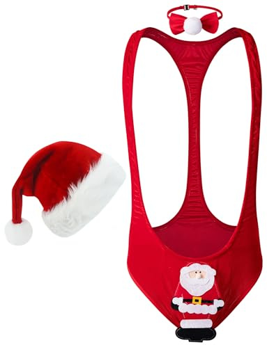 FEOYA Mankini ManThong Bodysuit And Christmas Hat Set Sexy Thong String for Men Funny Christmas Cosplay Costume Stag Party Underwear Fancy Dress Beach Swimwear Outfit Novelty Xmas Costume for Mens