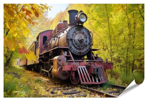 islandburner XXL Bild Poster Dampf Lok Eisenbahn im Herbst wald für Eisenbahn Fans Premium Bilder Fotodruck