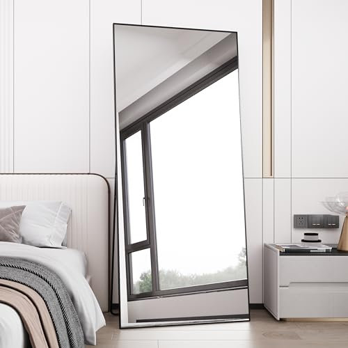 AUFHELLEN Ganzkörperspiegel Standspiegel 180x80cm mit Schwarz MetallrahmenBodenspiegel HD Spiegel Groß Wandspiegel mit Haken für Wohn-, Schlaf- und Ankleidezimmer