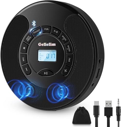 Gelielim Portable CD Player, Discman CD Player for Car with 60 Seconds Anti Skip, Personal Walkman CD Player with Bluetooth Transmitter, Dual Stereo Speakers, USB Port, 2000mAh Rechargeable Battery