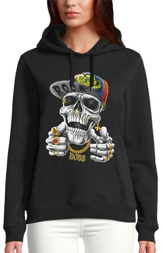 PIXEL EVOLUTION Kapuzen-Sweatshirt Crane Hip Hop – Totenkopf mit einer Kappe für Damen, Schwarz , 32