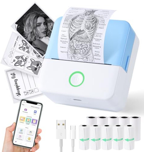 Mini imprimante thermique portable sans encre - Imprimante Bluetooth pour téléphone - Imprimante d'étiquettes sans fil avec ruban adhésif - Petite imprimante de poche pour notes et enfants -