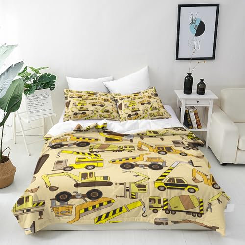 ANHOPE Verkehr Baugewerbe LKW Bettwäsche Set 2 Teilig Bettbezug 135x200 cm + Kissenbezug 80x80 cm Weich Microfaser Bettbezüge mit Reißverschluss Bettdeckenbezug Set für Kinder Jungen Mädchen