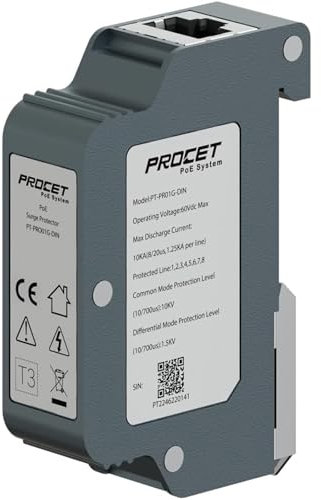 PROCET Industrial DIN Rail PoE Surge Protector IEEE802.3af/at/bt/PoE++ Gigabit PoE 10KV Ethernet Überspannungsableiter RJ45 Blitzunterdrücker, -40℃ to 85℃, Gehäuse aus Zinklegierung