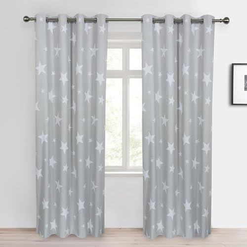 MAQUE Gardinen Grau Verdunklungsvorhänge Stern Gardine 3D Gedruckt Schallschutz Vorhang für Wohnzimmer Schlafzimmer H175 x B140 cm 2 teiliges Set mit Ösen