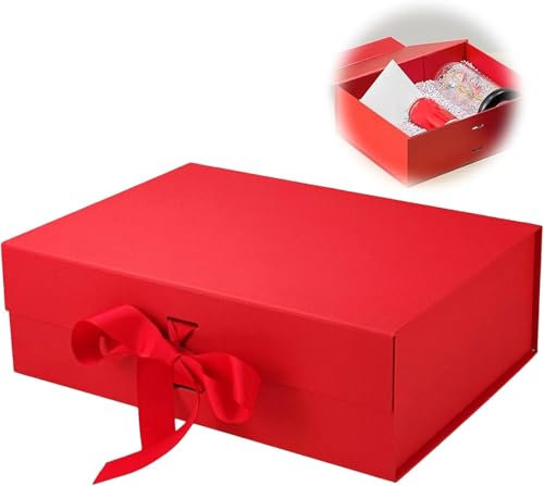 Geschenkbox mit Schleife, Magnetische Geschenkkarton mit Deckel, Wiederverwendbare Geschenk Verpackungsbox, für Geburtstag, Weihnachten, Valentinstag (Rot)