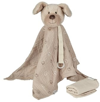Sterntaler Schmusetuch Träumli Hund Lucky - Baby Kuscheltuch mit Schnullerband - Baby und Kinder Schnuffeltuch mit Rassel, zum Kuscheln und Greifen, aus Musselin, Sandfarben