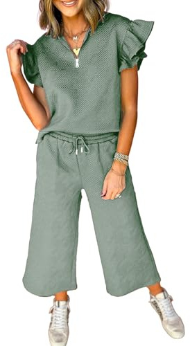 SHEWIN Two 3 Piece for Women Casual Short Sleeve Ruffle Quarter Zip Collared Polo Shirts Matching Wide Leg Pants Tracksuit Lounge Sets Spring Outfits for Women,Green,S