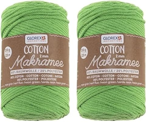 GLOREX 5 1008 37 - Makramee Cotton 2 mm, 250 g, Neon Grün, Länge 225 m, dreifachgedrehtes Baumwollgarn, 100% Baumwolle, zum Häkeln, Stricken, Knüpfen und Gestalten (Packung mit 2)