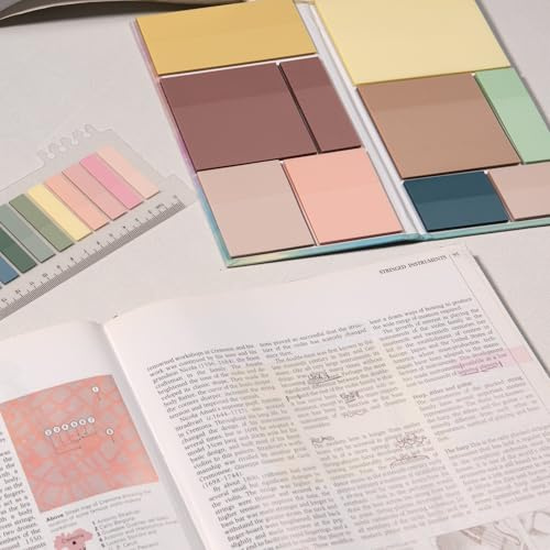 AbiVos Clear Post It Notes Set - 820 See Through Transparent Sticky Notes with Index Tabs, Highlighter Tape & Multi-Colour Pen - Ideal for Office, School, Book Annotations - Transparent Post Its