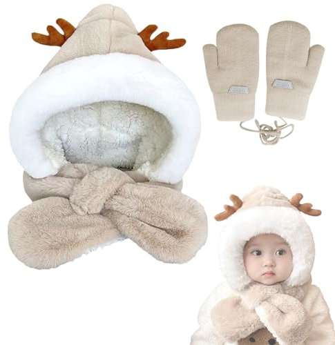 FOSDICK 2 in 1 Kinder Wintermütze Schal Handschuhe für Jungen und Mädchen, Baby Wintermütze Warm Niedlich Kleinkind Earflap Beanie Winter Mütze Baby für 1-4 Jahre