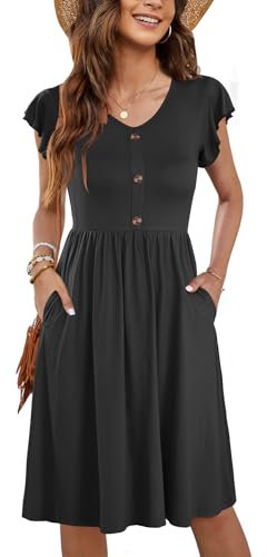 MOLERANI Summer Dresses for Women UK Ruffle Sleeve Sundresses V Neck Ladies Dress Casual Beach Dresses Elastic Waist Midi Dress with Pockets Black XL
