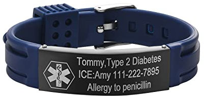 Gamtic Personalisierte Notfallarmband Medizinisches Armband - Verstellbares Wasserdichtes Silikonarmband, SOS Dringender Kontakt ID Armbänder mit Gravur fur Herren Damen