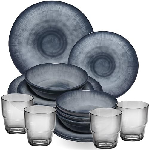 Melamin Geschirr Set Jesolo Grau für 4 Personen - 16 Teile - mit Trinkglas 230ml Steingutoptik Spülmaschinengeeignet - Essgeschirr Campingzubehör Campinggeschirr Wohnwagen Camping Festival