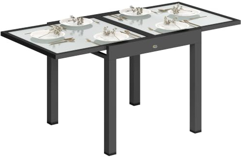 Outsunny Extending Garden Table Outdoor 80/160x80x75 cm Black and Clear | Outdoor Dining Table, Aluminium Frame, Tempered Glass Tabletop