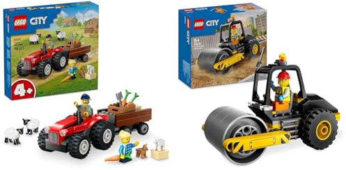 LEGO City Tracteur Rouge de Ferme avec Remorque & Mouton + Rouleau Compresseur de Construction 60461 + 60401