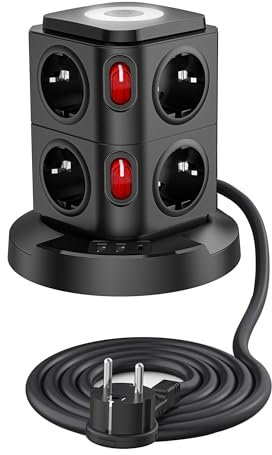 8 Fach Mehrfachsteckdose,Flachstecker Steckdosenleiste mit USB, LED Steckdosenturm Steckerleiste mit Schalter, Mehrfachstecker Überspannungsschutz,1.8 M Verlängerungskabel Verteilersteckdose für Büro