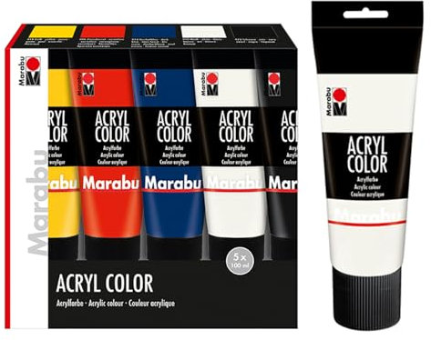 Marabu Acryl Color Set, 225 ml Weiß und 5 x 100 ml, cremige Acrylfarbe auf Wasserbasis, schnell trocknend, lichtecht, wasserfest, zum Auftragen mit Pinsel & Schwamm auf Leinwand, Papier, Holz