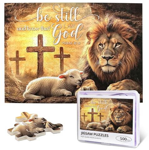 Christian Puzzles for Adults 500 Pieces Lion and Lamb Jigsaw Puzzle Religious Cross Inspirational Spiritual Bible Puzzle for Home Church Decor Christian Gifts
